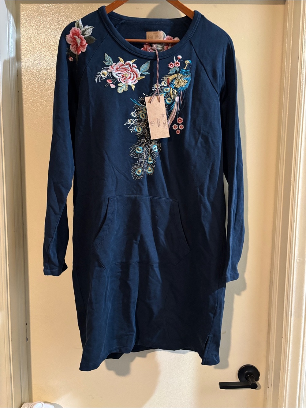 DRIFTWOOD Navy Long-Sleeve Tunic sweatshirt Dress with Embroidered Peacock NWT